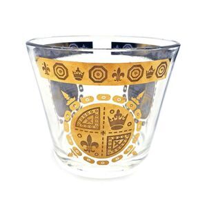 Vintage Gold Glass Ice Bucket Vito Bari Fleur de Lis Design Hollywood MCM Decor